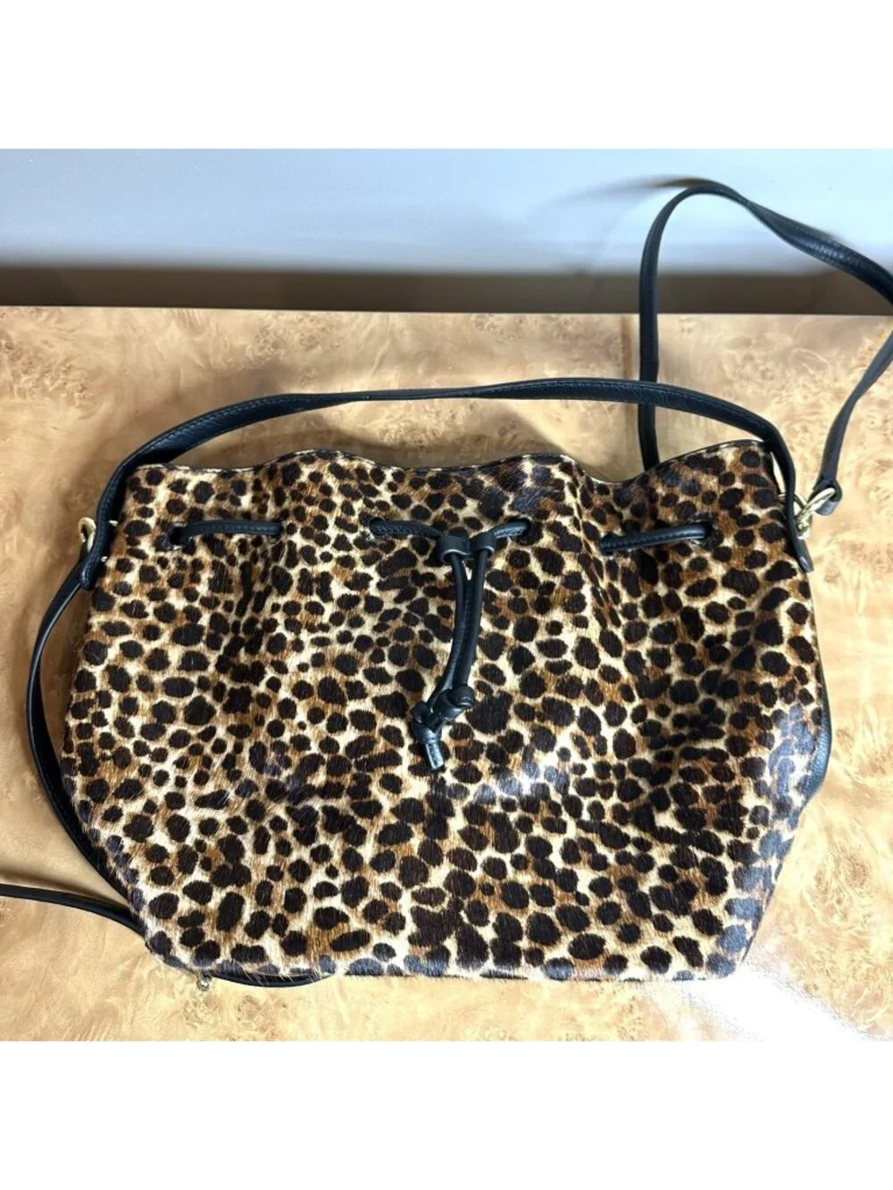 Talbots Leopard Print Calf Hair Leather Drawstring Bucket Shoulder Crossbody Bag